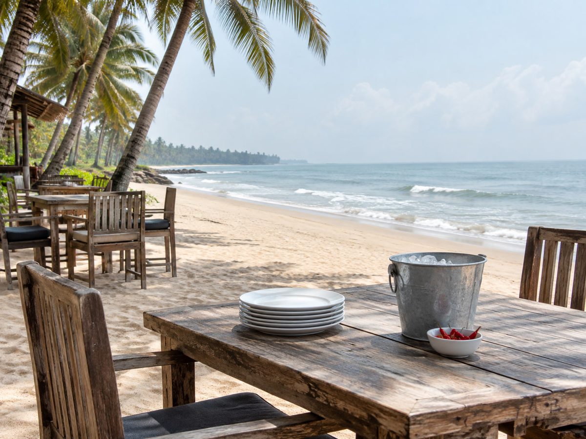 Outdoor tables on pale sand facing a calm Waskaduwa sea, white plates, late-morning light