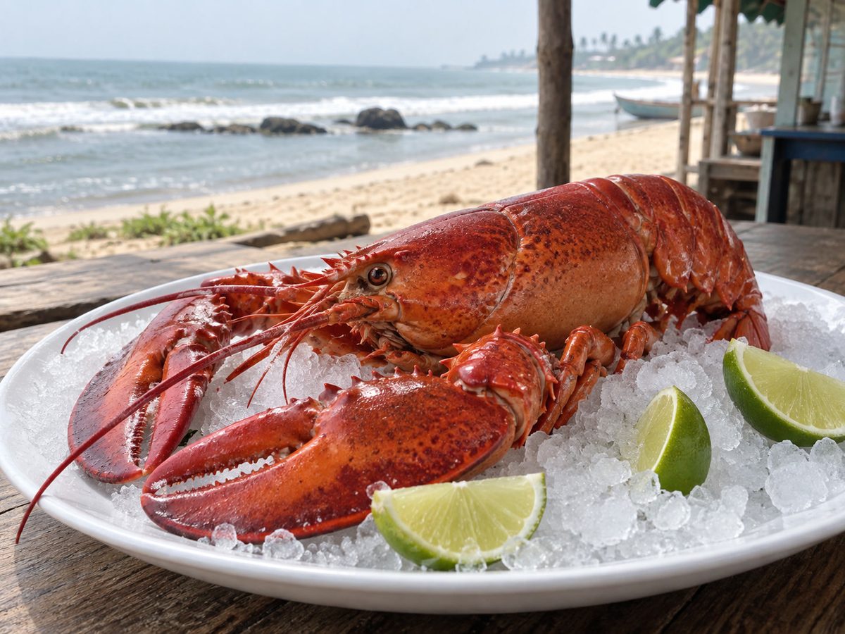 Cooked lobster on crushed ice with lime, white plate, crab-red accent