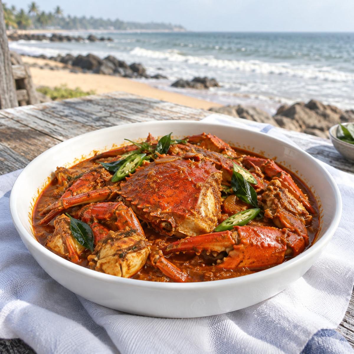 Sri Lankan crab curry in a shallow bowl, chilli and curry leaf