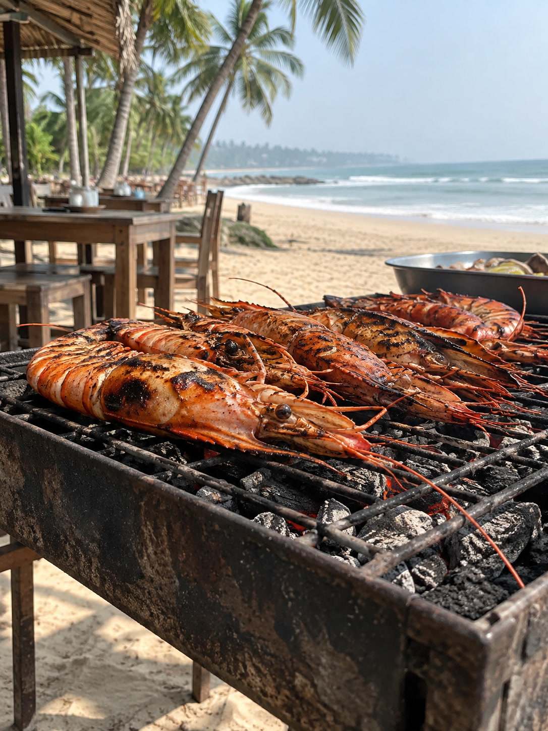 Jumbo prawns grilled, feet-level view of sand under a table edge