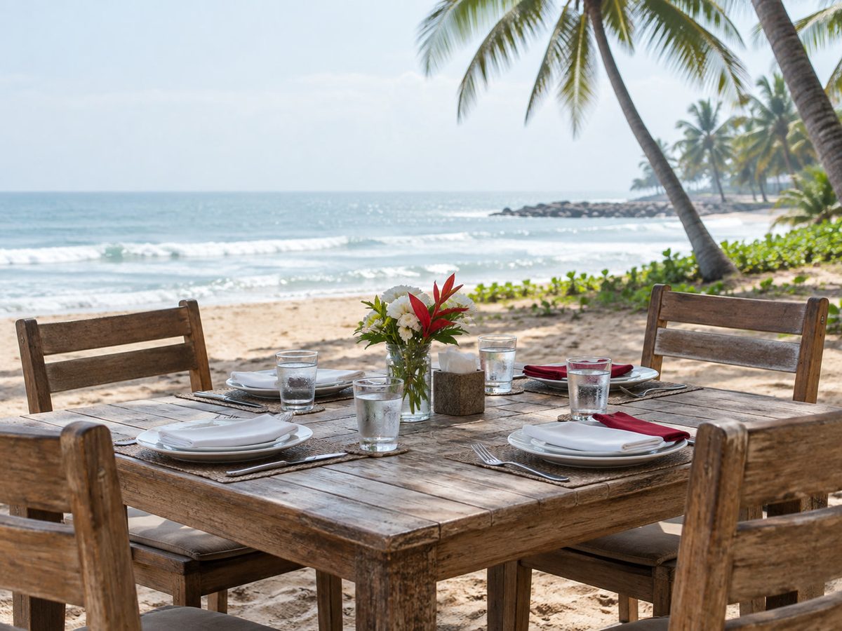 Empty kid-friendly outdoor table, paper napkins, sea in the distance