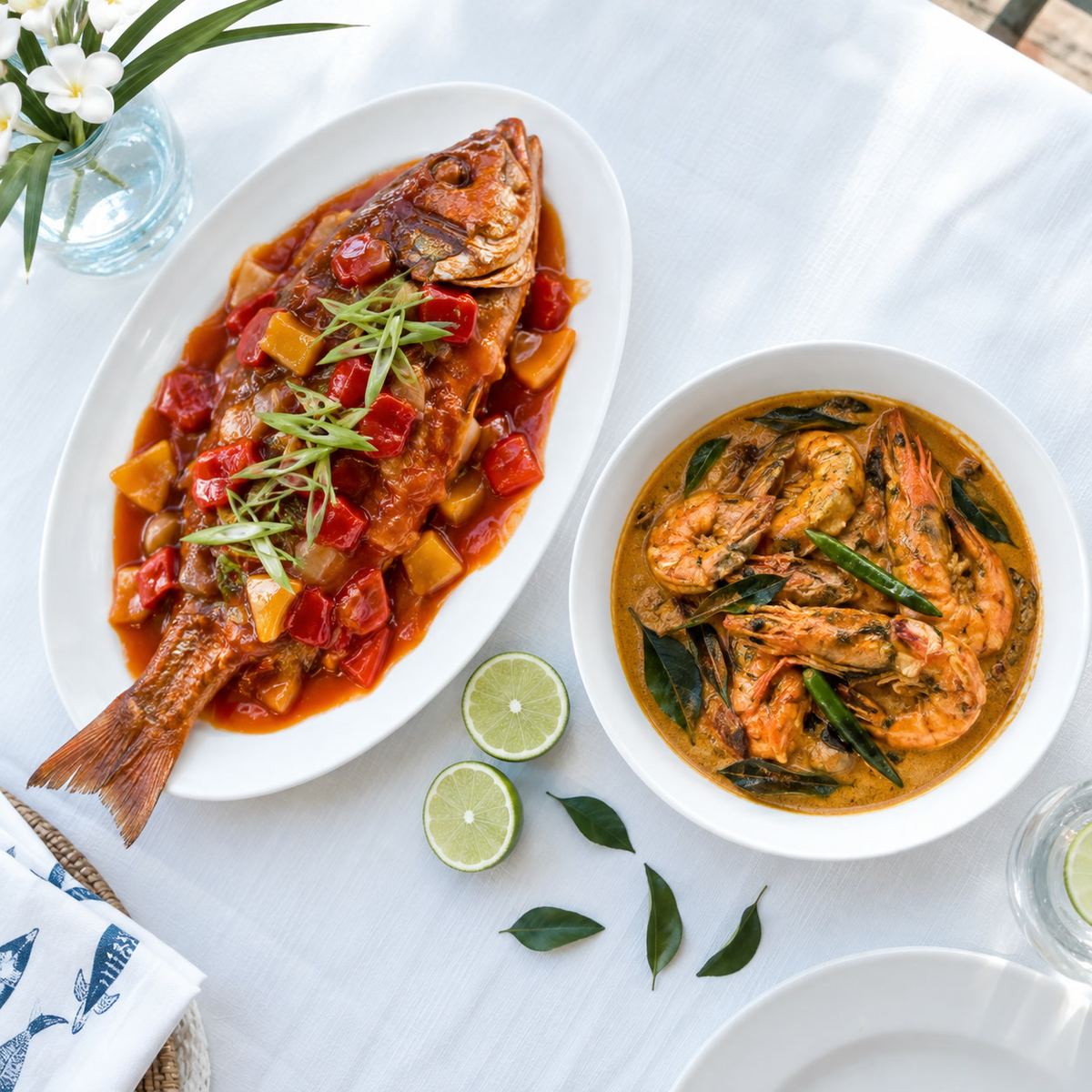 Mixed Chinese-Sri Lankan seafood plates on a white cloth