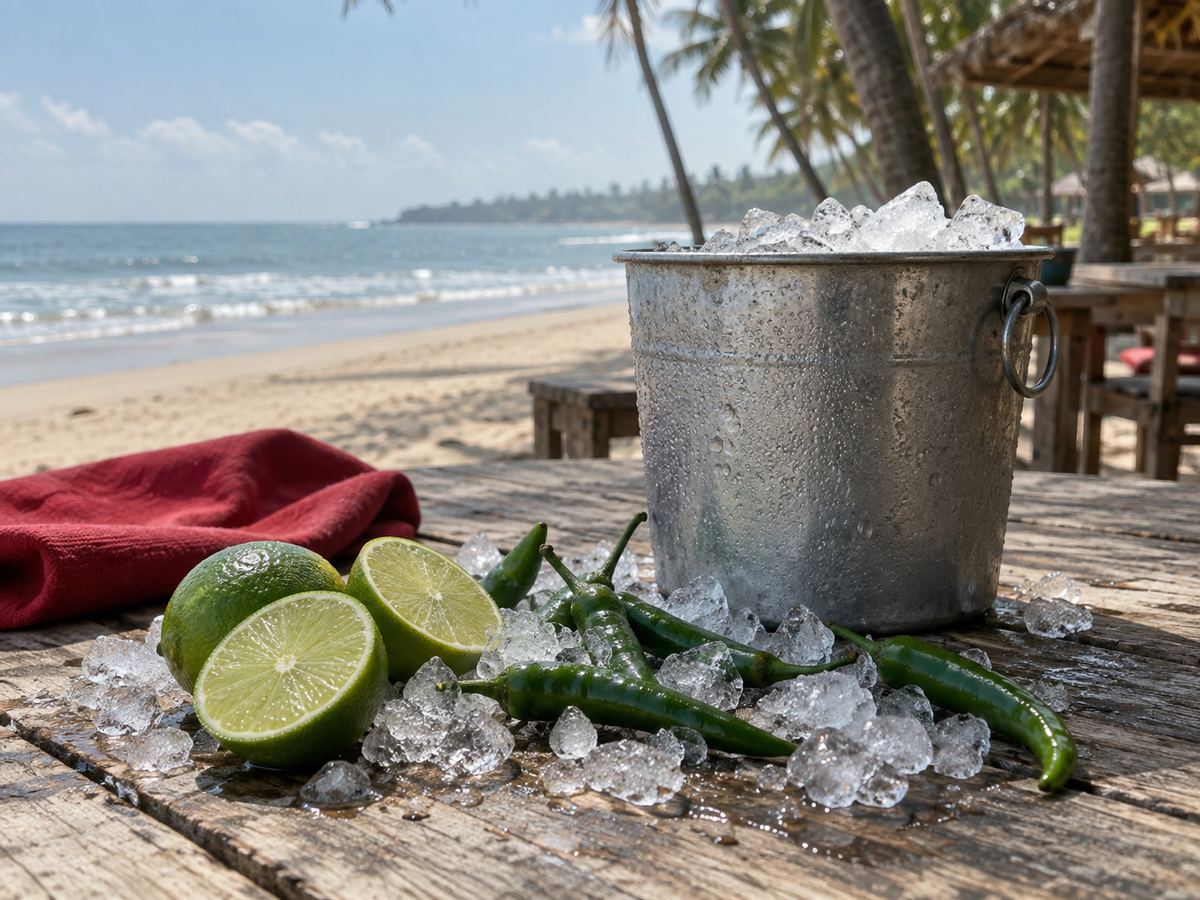Lime, green chilli and ice bucket on a bleached wooden table